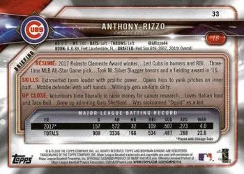 2018 Bowman #33 Anthony Rizzo NM-MT Cubs ID:10925