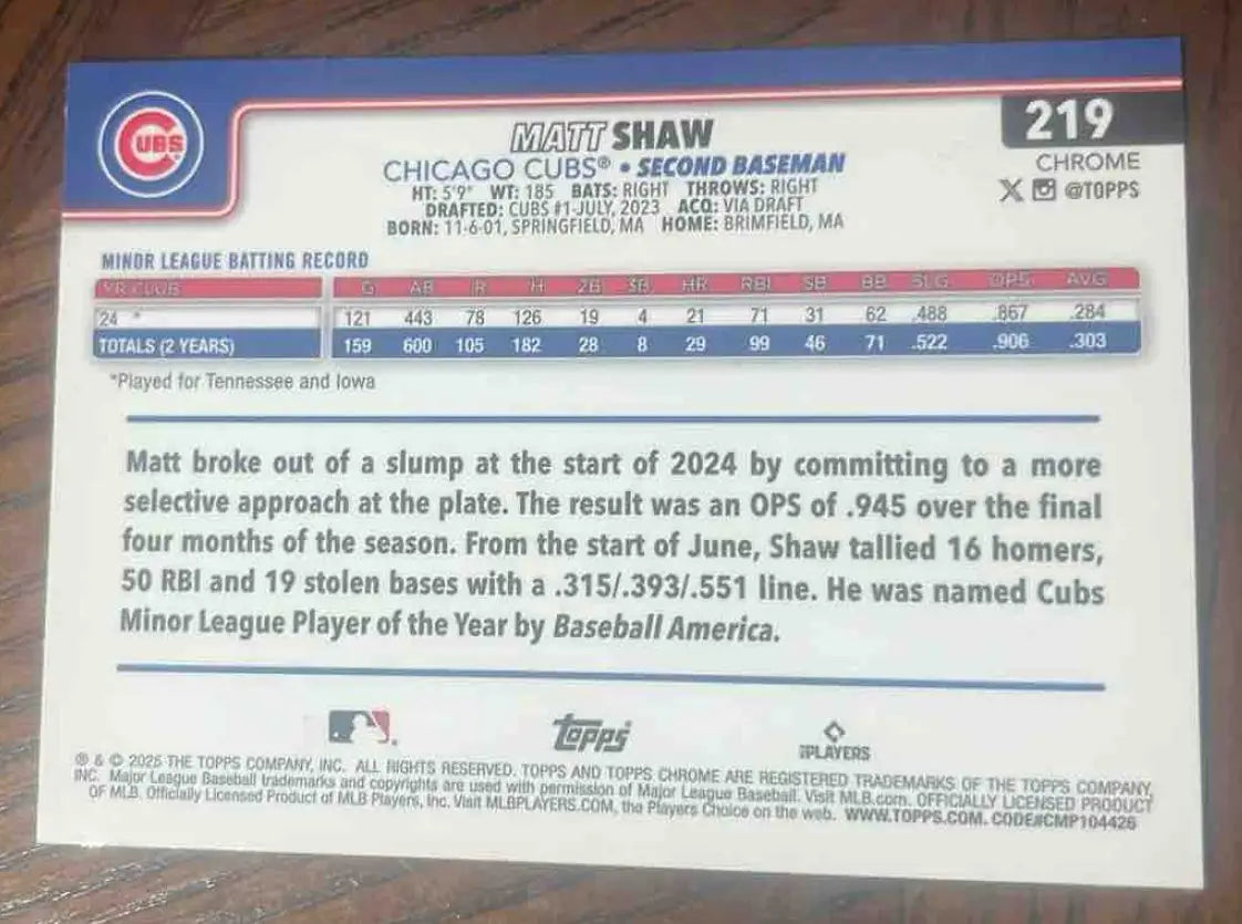 2025 Topps Baseball Chrome Matt Shaw X-Fractor #219 RC Chicago Cubs