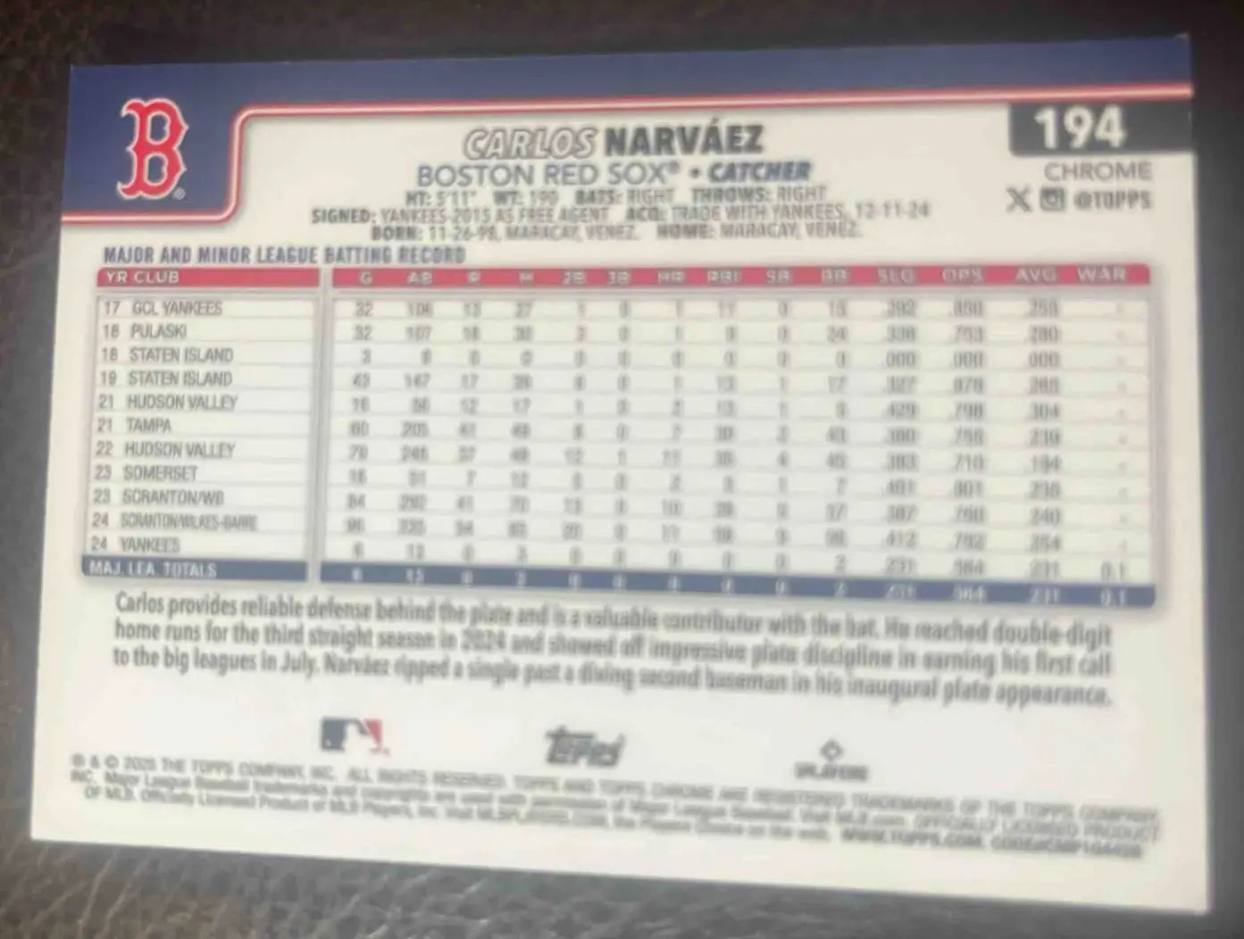 2025 Topps Chrome Carlos Narvaez RayWave Refractor #194 RC Red Sox