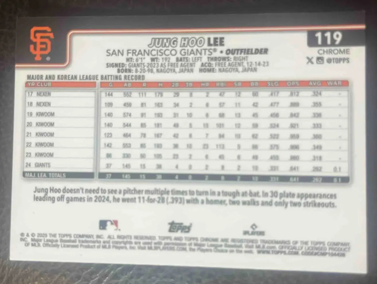 2025 Topps Chrome Jung Hoo Lee Sepia Refractor #119 Giants