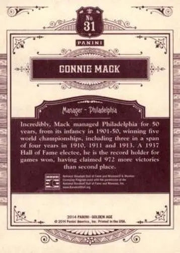 2014 Panini Golden Age #31 Connie Mack NMMT Athletics ID:6960