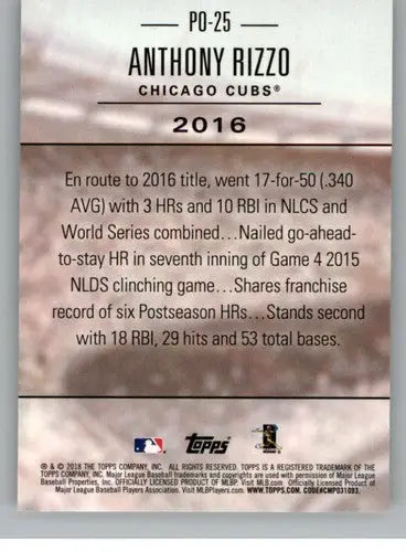 2018 Topps Update Postseason Preeminence #PO-25 Anthony Rizzo NM-MT Cub ID:16568