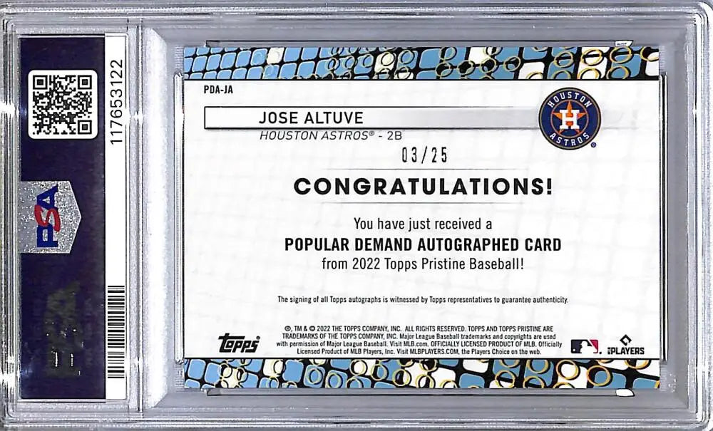 2022 Topps Pristine Popular Demand Orange #PDA-JA Jose Altuve PSA 10 GEM MINT Auto 03/25 Houston Astros