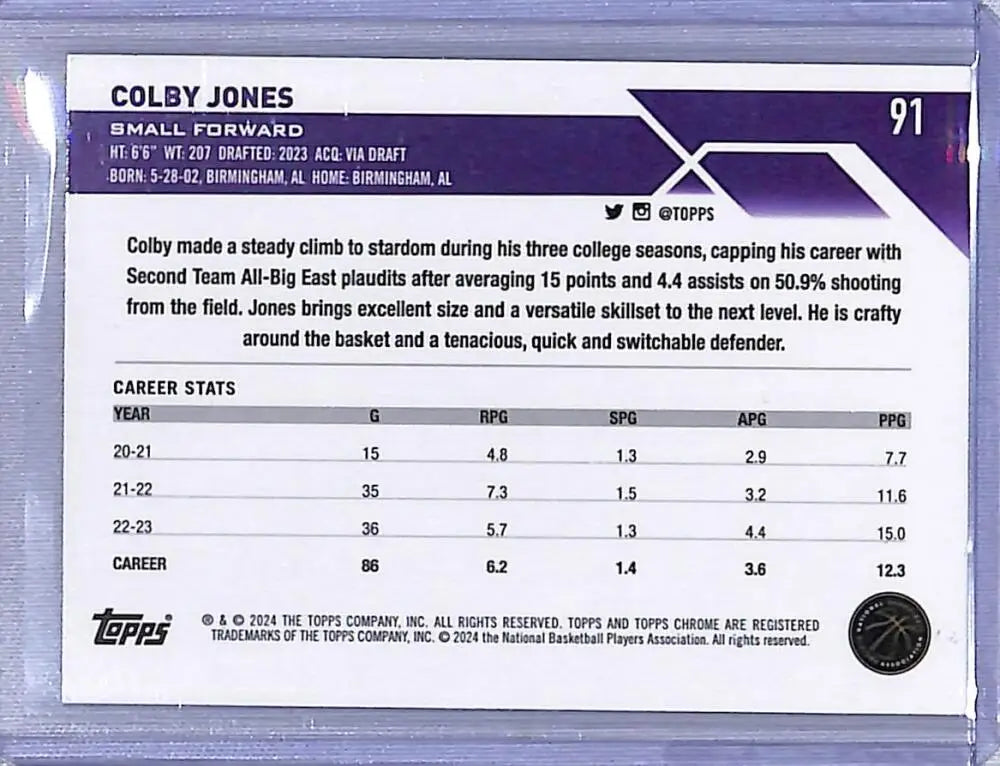 2024 Topps Chrome Green Logo Refractor #91 Colby Jones NM-MT Sacramento Kings