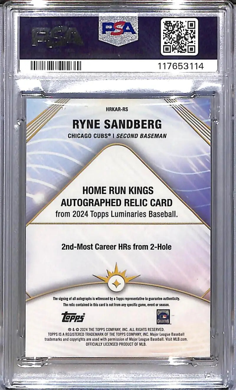 2024 Topps Luminaries Home Run Kings #HRKAR-RS Ryne Sandberg PSA 9 MINT MEM Auto 09/25 Chicago Cubs