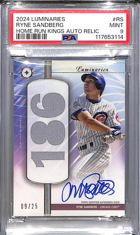 2024 Topps Luminaries Home Run Kings #HRKAR-RS Ryne Sandberg PSA 9 MINT MEM Auto 09/25 Chicago Cubs