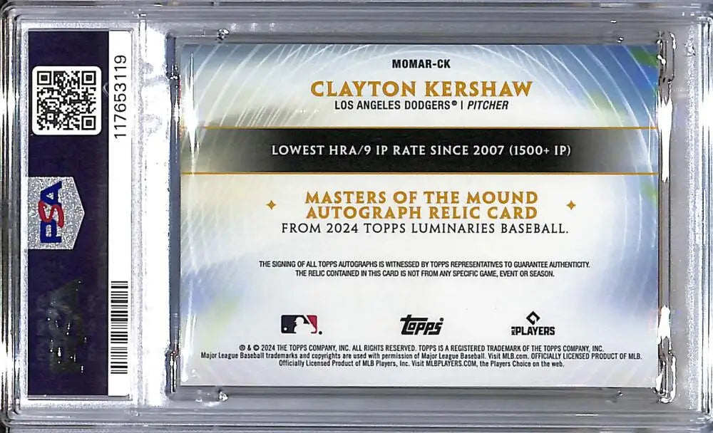 2024 Topps Luminaries Masters of the Mound #MOMAR-CK Clayton Kershaw PSA 10 GEM MINT MEM Auto 04/25 Los Angeles Dodgers
