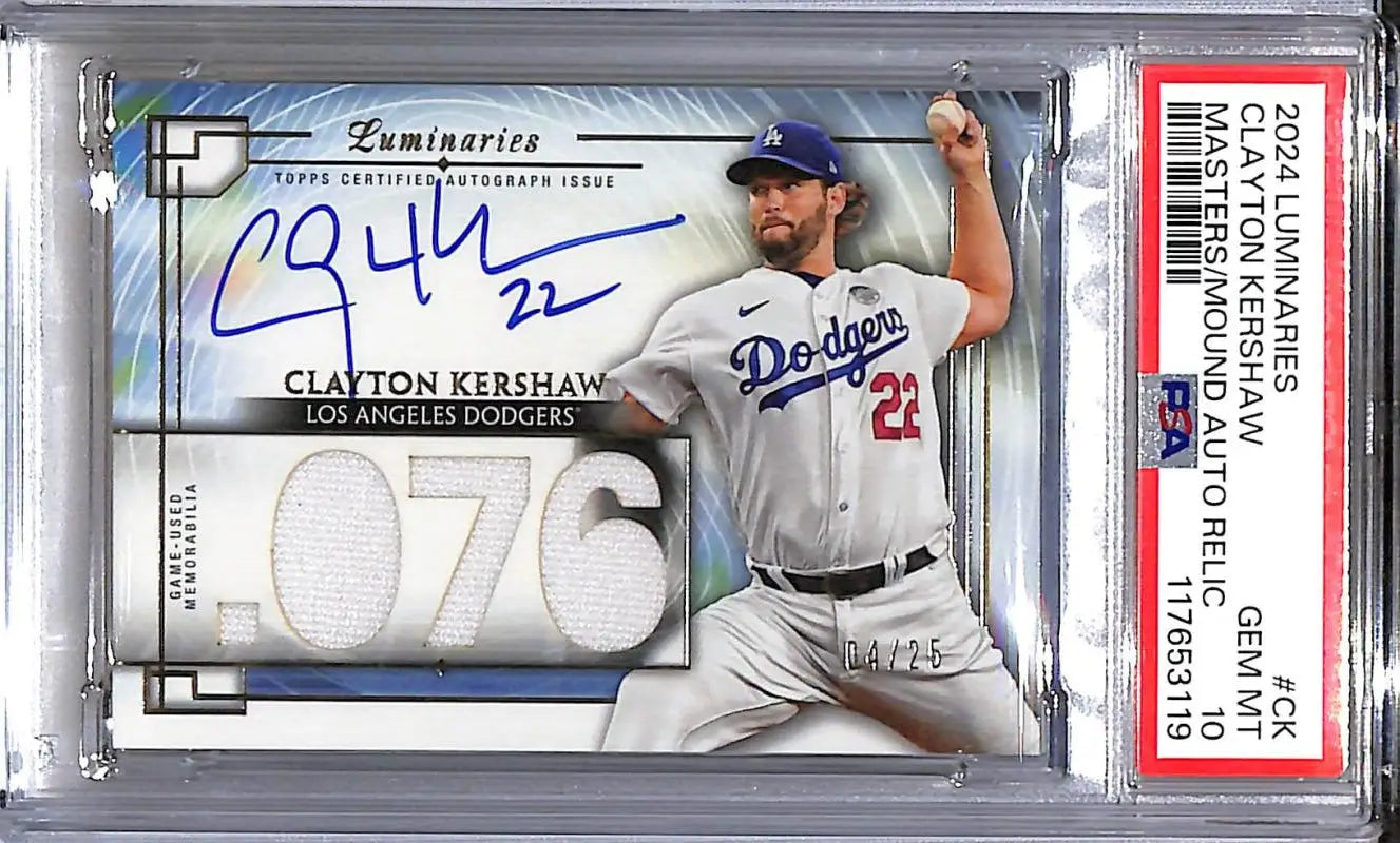 2024 Topps Luminaries Masters of the Mound #MOMAR-CK Clayton Kershaw PSA 10 GEM MINT MEM Auto 04/25 Los Angeles Dodgers