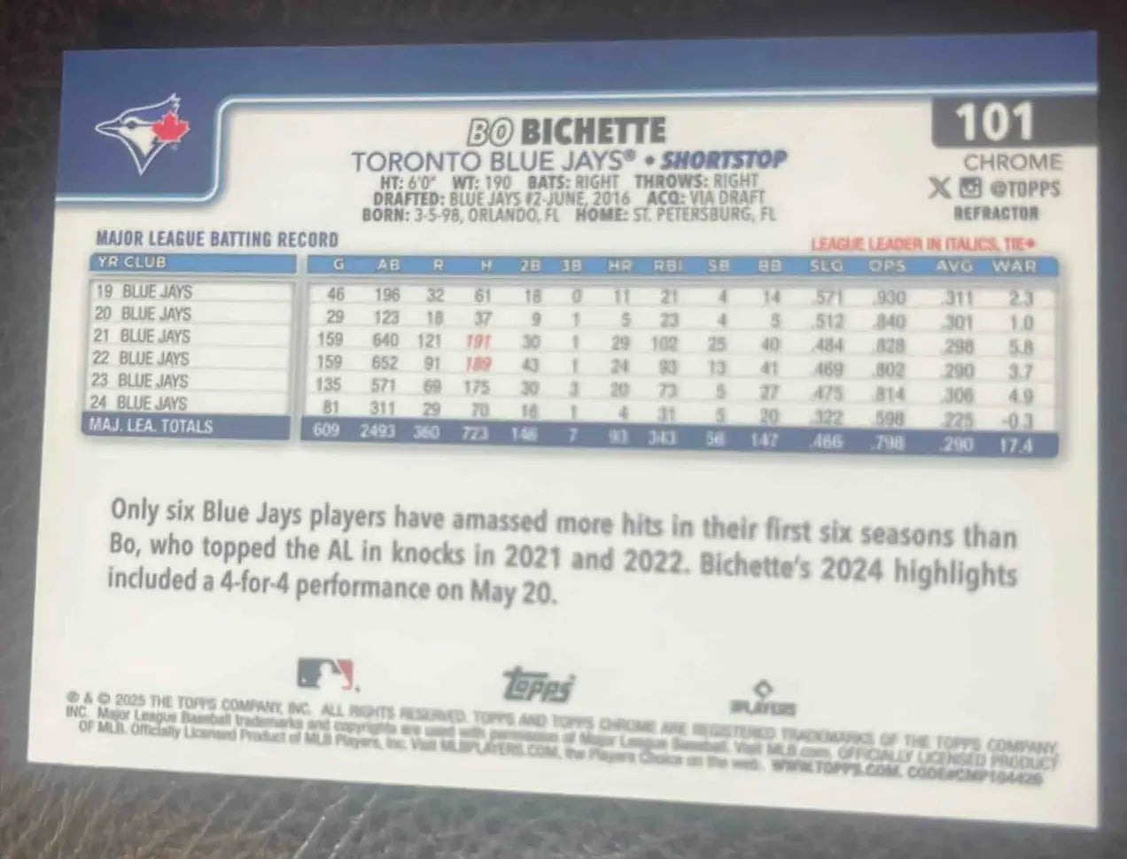 2025 Topps Baseball Chrome Bo Bichette Refractor #101 Toronto Blue Jays
