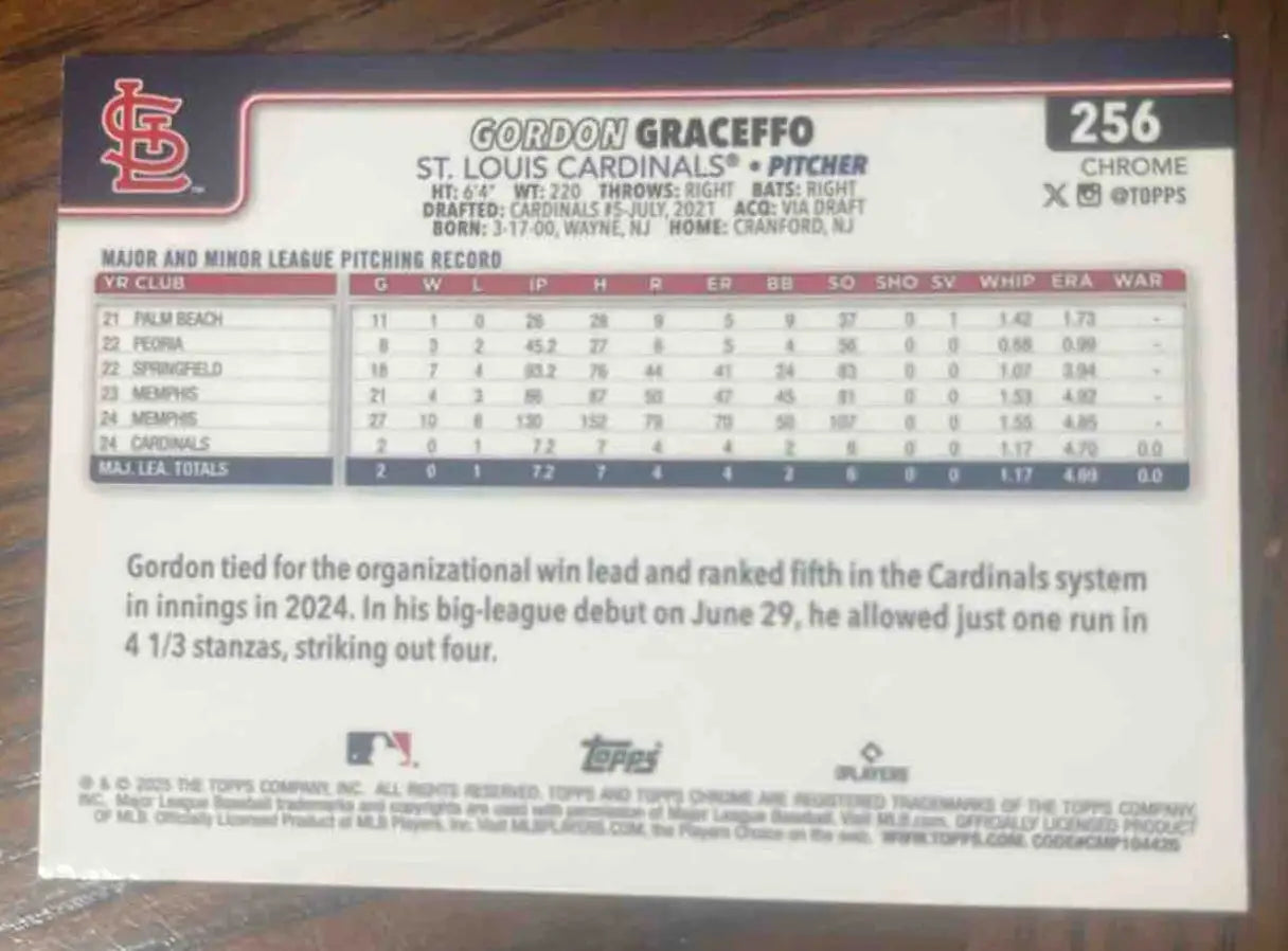 2025 Topps Baseball Chrome Gordon Graceffo X-Fractor #256 RC St. Louis Cardinals