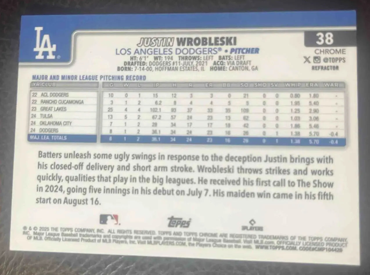 2025 Topps Baseball Chrome Justin Wrobleski Refractor #38 RC Los Angeles Dodgers