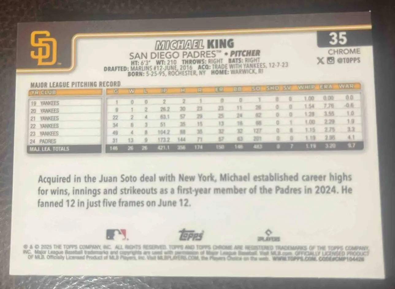 2025 Topps Baseball Chrome Michael King Sepia Refractor #35 San Diego Padres