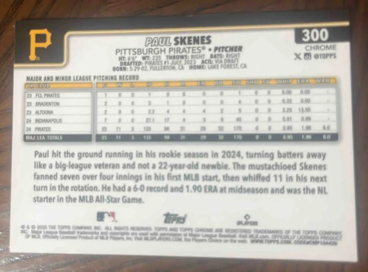 2025 Topps Baseball Chrome Paul Skenes Refractor #300 Pittsburgh Pirates