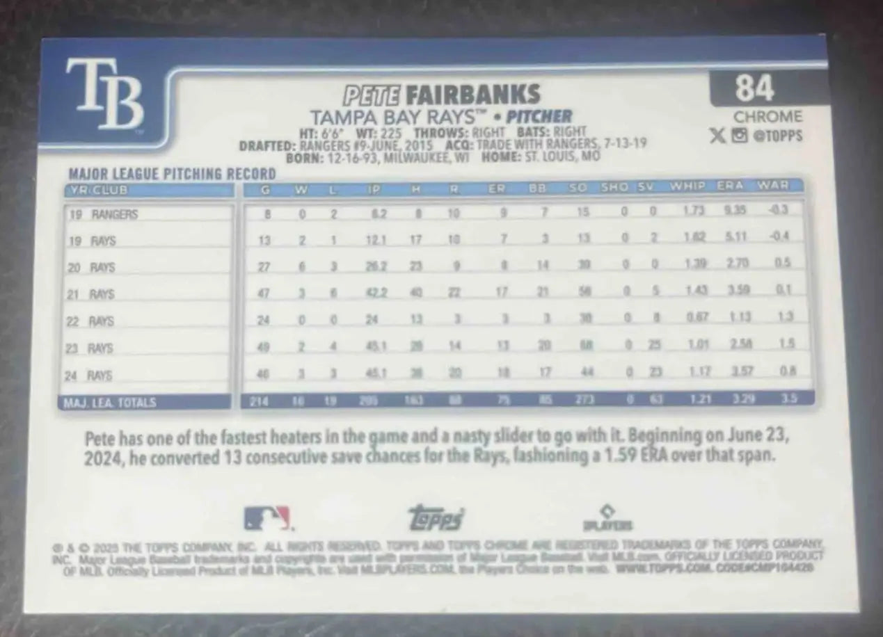 2025 Topps Baseball Chrome Pete Fairbanks X-Fractor #84 Tampa Bay Rays