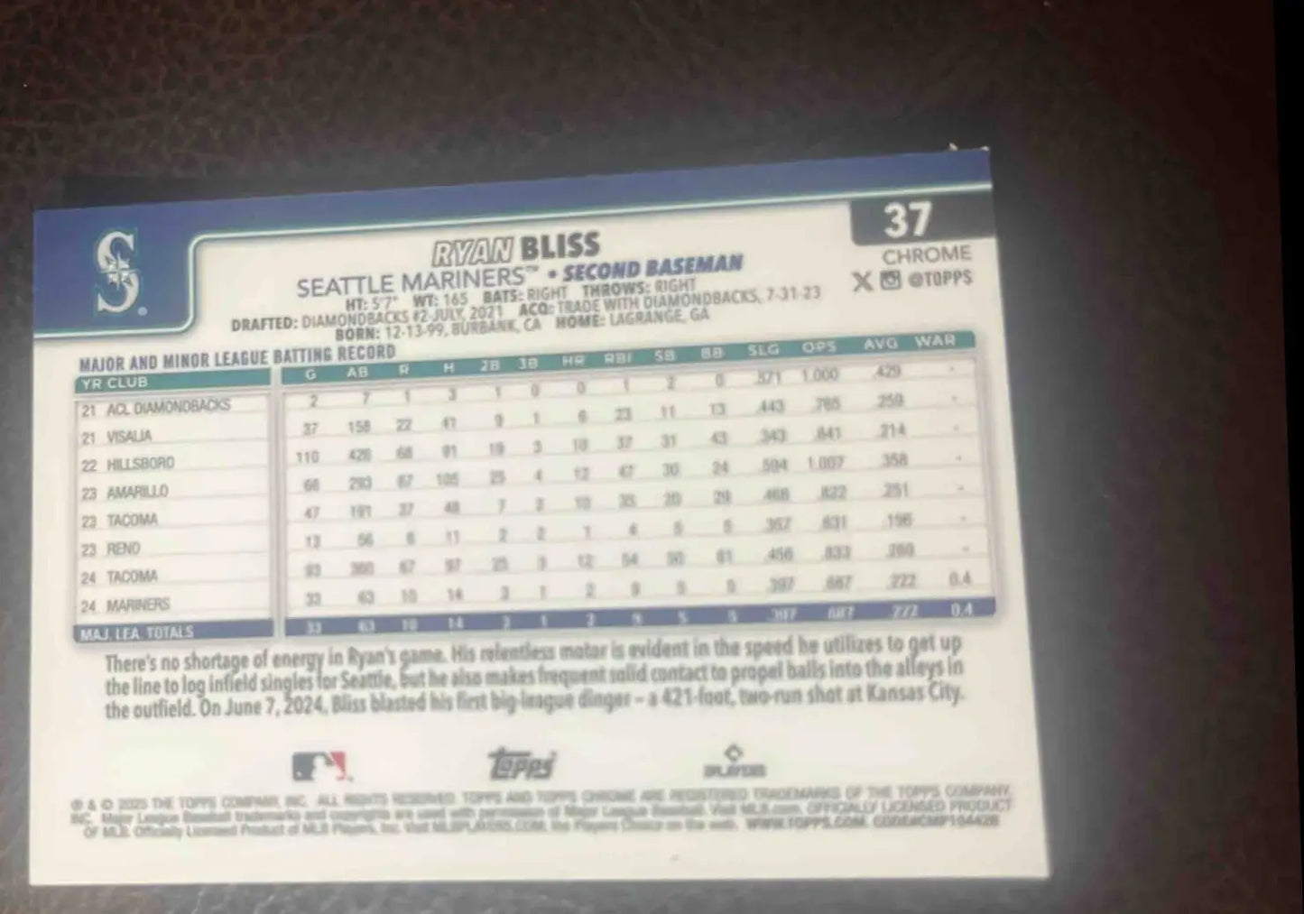 2025 Topps Baseball Chrome Ryan Bliss #37 RC sepia refractor Seattle Mariners