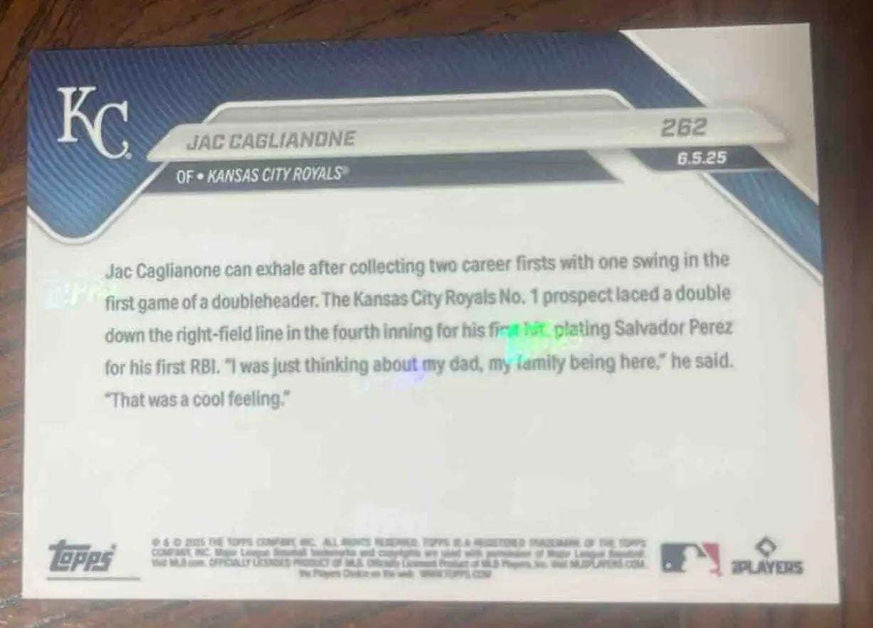 2025 Topps Baseball Now Jac Caglianone #262 Kansas City Royals