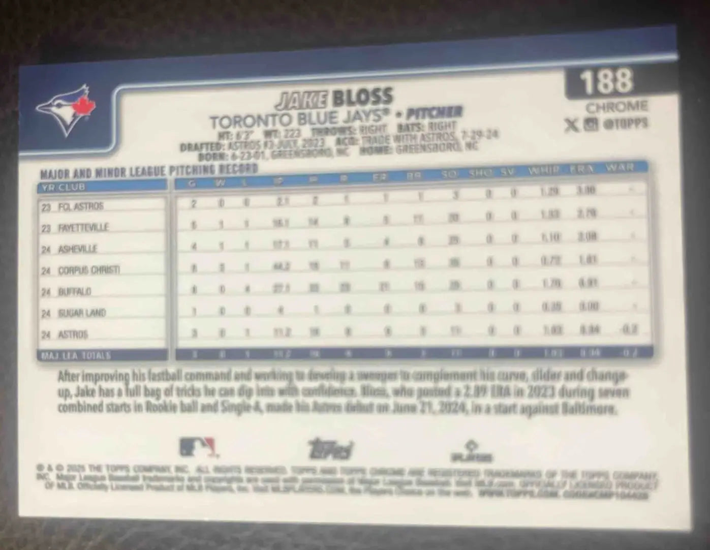 2025 topps chrome jake bliss prism refractor 188