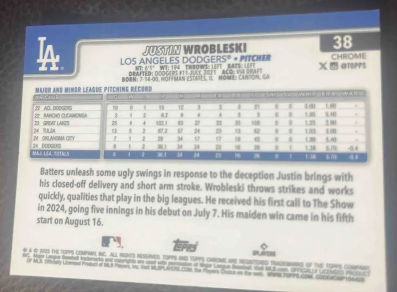 2025 Topps Chrome Justin Wrobleski RayWave Refractor #38 RC Dodgers