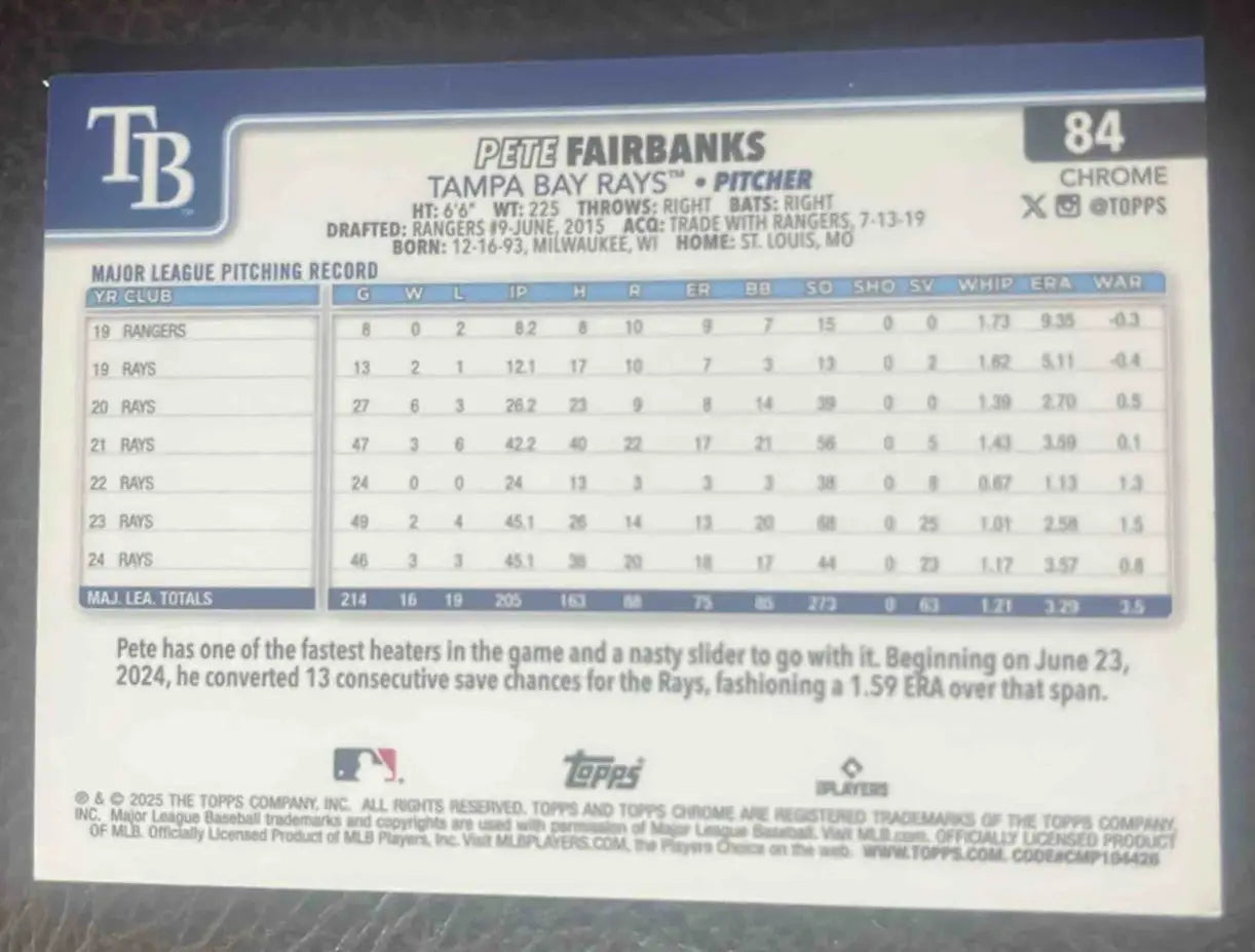 2025 topps chrome pete fairbanks raywaye refractor 84