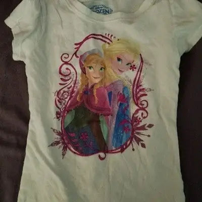 Disney Frozen Girls White Cap Sleeve T-Shirt Size 6/6X Elsa Anna Graphic Tee
