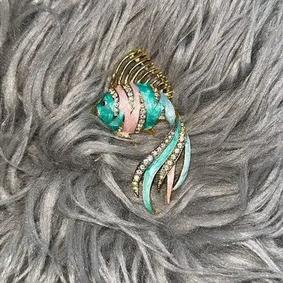 Enameled Fish Brooch with Cubic Zirconia CZ Stones Sparkly Costume Jewelry Pin
