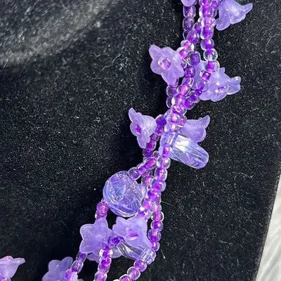 Purple Flower & Seed Bead Necklace Silver Tone with Extension Chain Boho Jewelry