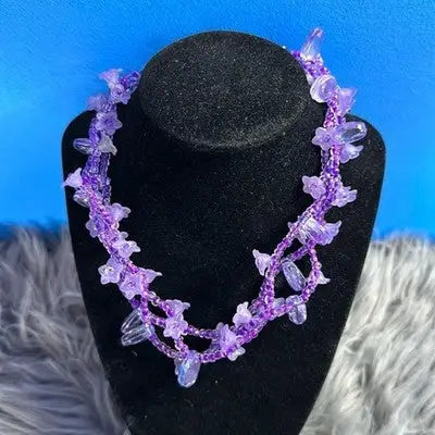 Purple Flower & Seed Bead Necklace Silver Tone with Extension Chain Boho Jewelry