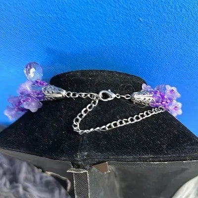 Purple Flower & Seed Bead Necklace Silver Tone with Extension Chain Boho Jewelry