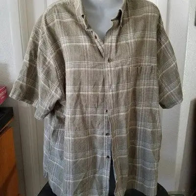 Roundtree & Yorke Men's Casual Button Down Shirt Brown Cream Plaid Size XL