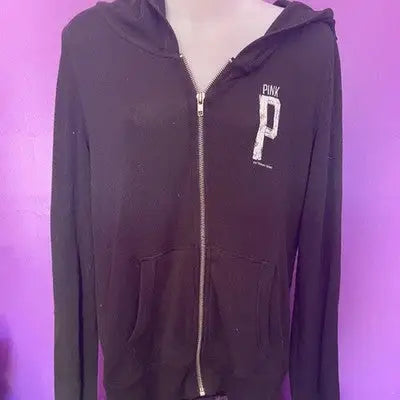 Victoria's Secret PINK Black Full Zip Cardigan Sweatshirt Size Small S Logo
